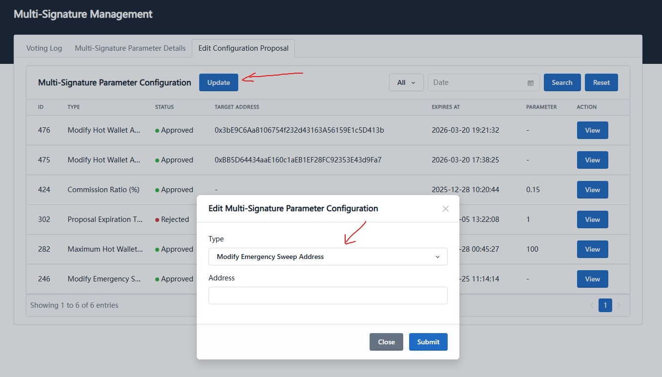 Set emergency sweep address