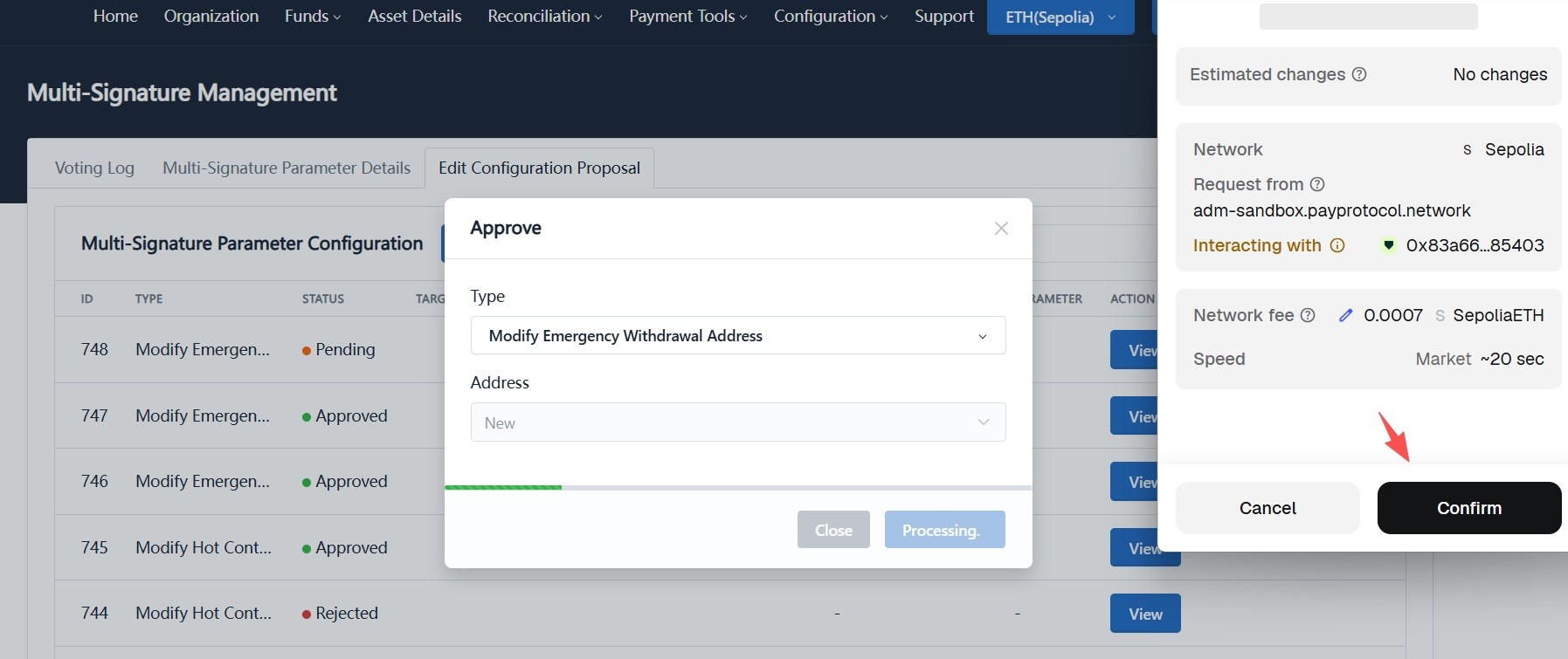 Confirm emergency withdrawal address proposal on-chain
