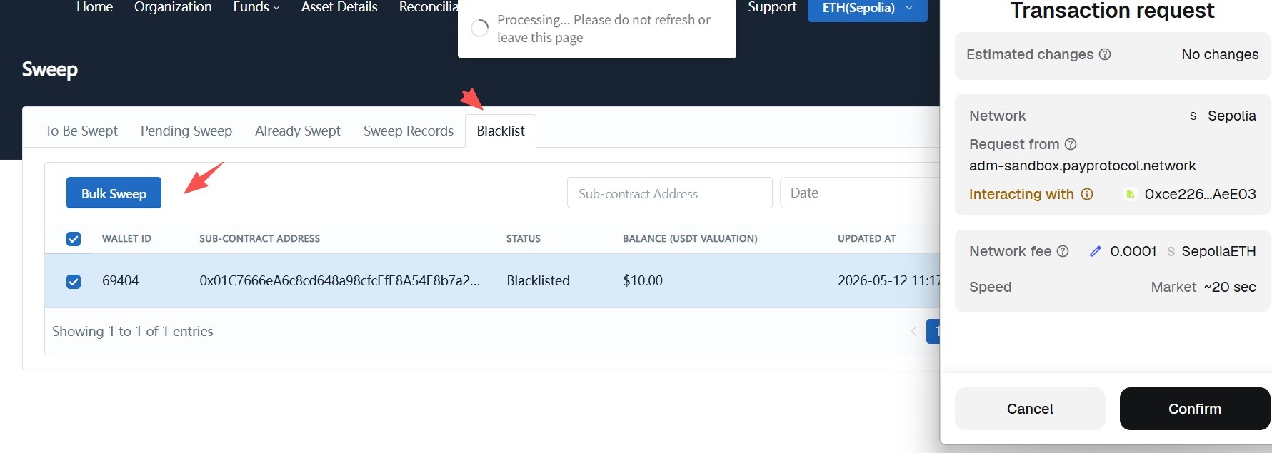 Confirm batch sweep transaction