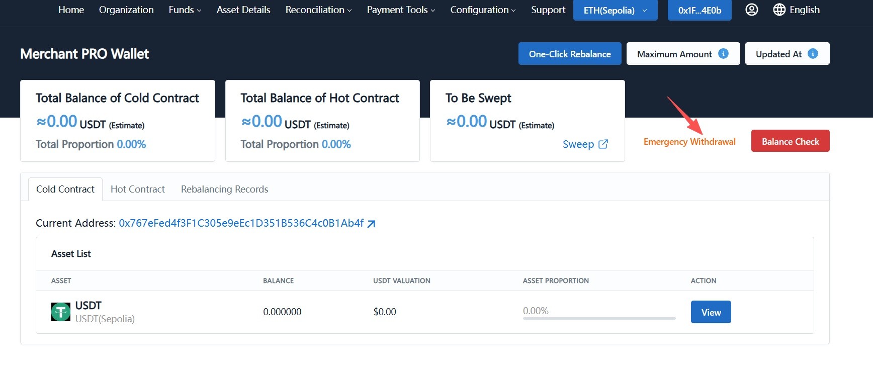 Enter emergency withdraw from asset details