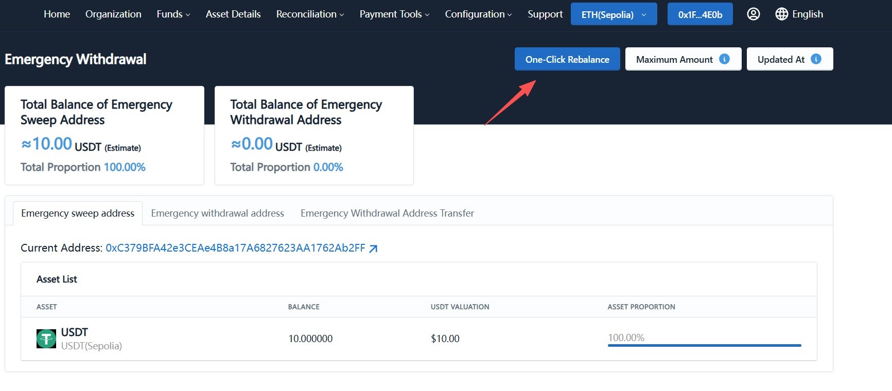 Execute one-click rebalance on emergency withdraw page