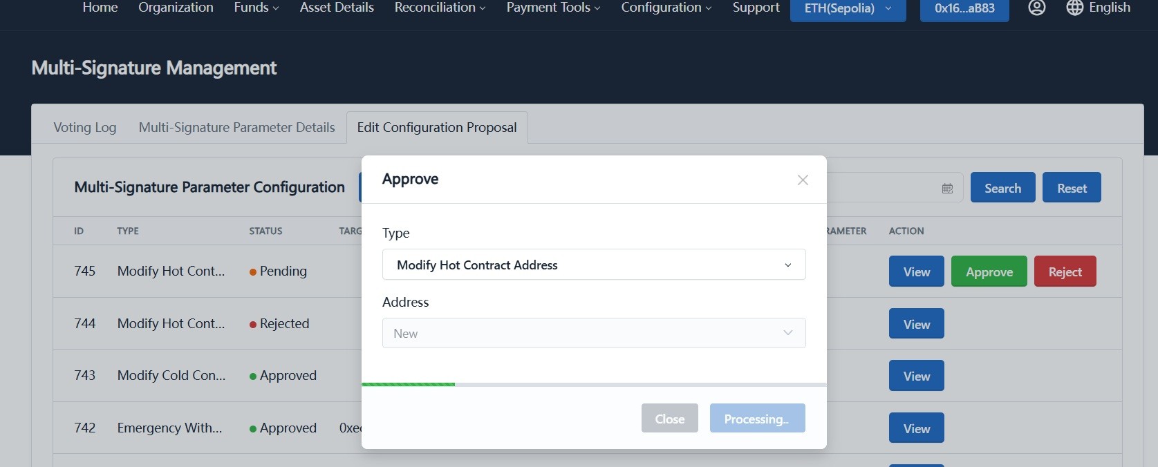 Approve hot contract address update proposal